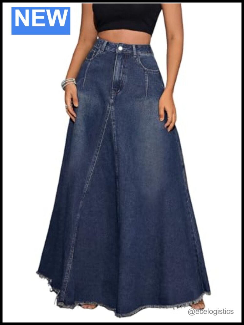 Retro Distressed High Waist Frayed Hem Maxi Denim Skirt with Pockets